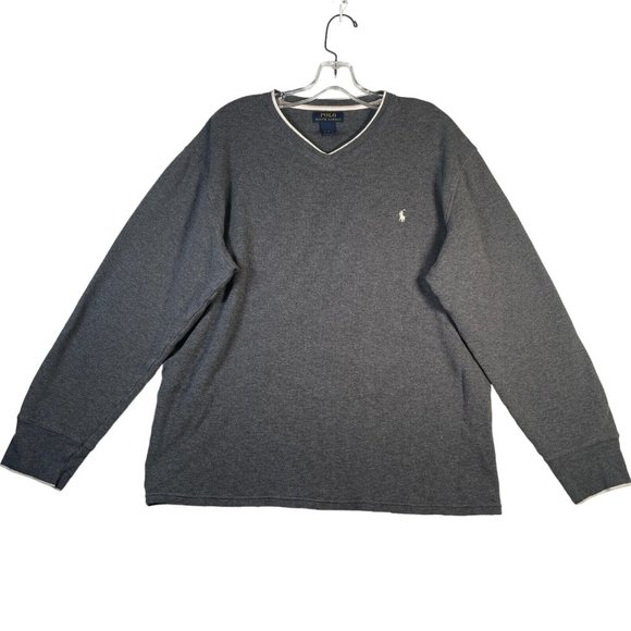 Polo Ralph Lauren Mens Thermal Shirt 2XL Gray V Neck Long Sleeve Pullover Logo - Picture 1 of 8